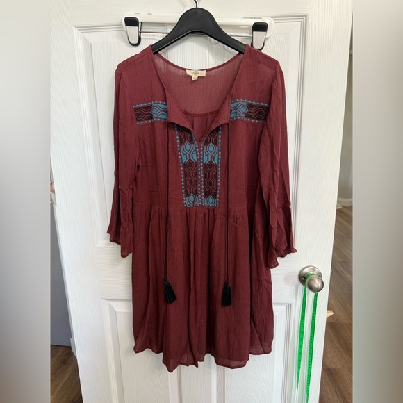 Entro Tiered Southwestern Embroidered Tunic Dress Womens Small Rust/ turqouise - Picture 1 of 7